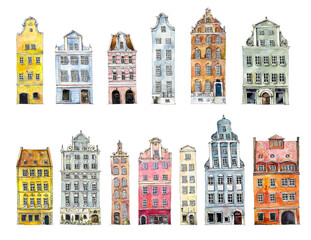 Multi-colored retro and vintage old-fashioned houses. Amsterdam. Watercolor hand drawing illustration - 361088487
