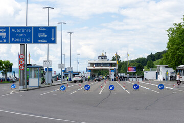 car ferry loading port in Meersburg with a sign 