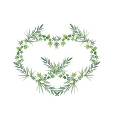 Watercolor heart frame wreath and leaves. Floral banner on white background