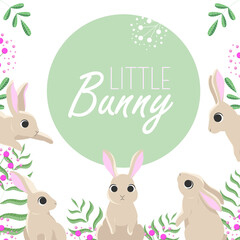 Obraz na płótnie Canvas Vector illustration of little bunny for souvenir products: t-shirt, cups, card, invitation, banner template. EPS 10
