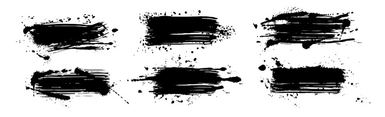 Brush Strokes Collection. Background. Ink splashes. Black inked splatter dirt stain spray. Isolated Vector Grunge silhouette. 
