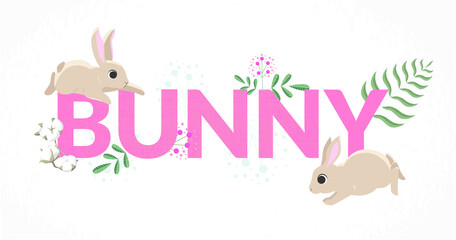 Vector illustration of little bunny for souvenir products: t-shirt, cups, card, invitation, banner template. EPS 10