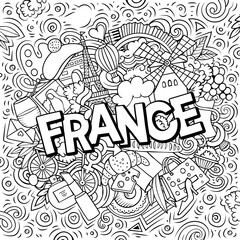 France hand drawn cartoon doodles illustration. Funny travel design.
