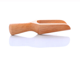 wood spoon and wood bowl on white background.top view