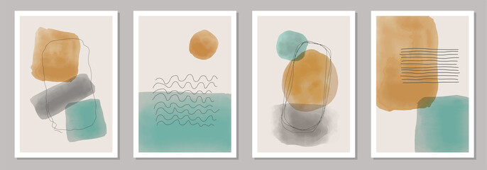 Trendy set of abstract creative minimal artistic hand painted compositions - obrazy, fototapety, plakaty