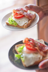 Close-up view woman holding the homemade sandwich bacon and egg