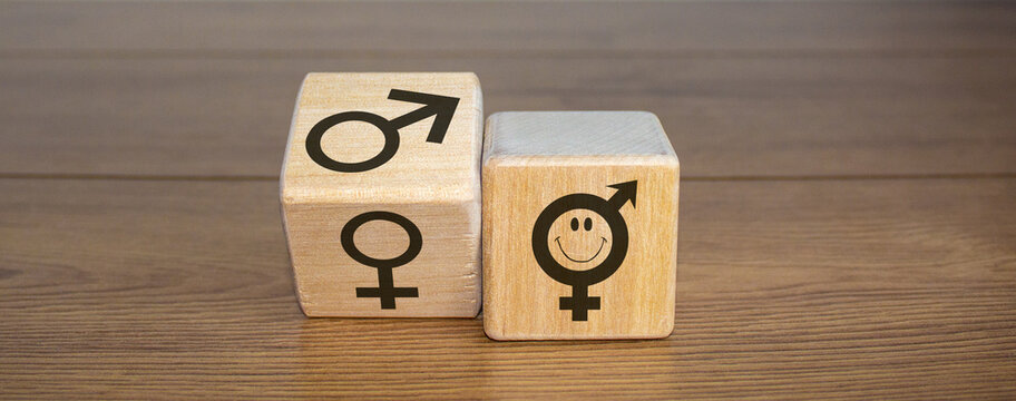 Gender equality concept. Wood cubes with male equals female symbol on wooden background. Copy space.