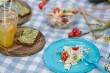 Woman take salad from blue plate on vegan picnic outdoors. Fresh and healthy food