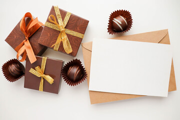 chocolate candies and gift box. set of gift cards with roses and ribbon