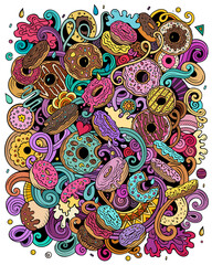 Donuts hand drawn vector doodles illustration. Sweets poster design.