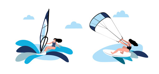 Vector flat illustration of summer sports. Kiting and Windsurfing. The girl on the kite-surfing and Windsurfing. Summer holidays. Professional sport. Sea