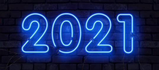 Naklejka na ściany i meble Blue realistic neon 2021 Happy New Year Neon banner. Realistic bright neon billboard on brick wall. Concept of holiday card with glowing text. 2021 Neon Text.