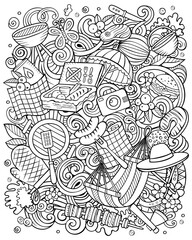 Picnic hand drawn vector doodles illustration. BBQ poster design.