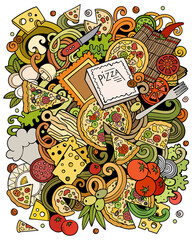 Fototapeta premium Cartoon vector doodles Pizza illustration. pizzeria funny picture