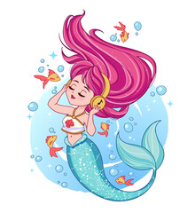 Cute pink haired mermaid wearing a t-shirt listen to music.