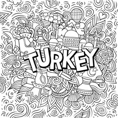 Turkey hand drawn cartoon doodles illustration. Funny travel design.