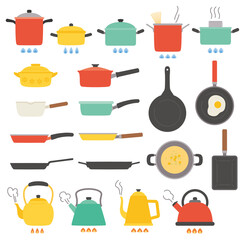 なべ・やかん・フライパンなどの調理器具のベクターイラストセット