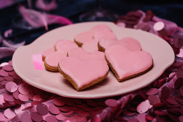 The pink heart shaped ginger cookies for Valentine's day
