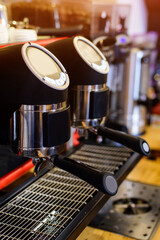 Professional coffee machine. Close up of a coffee holder.