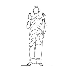 Continuous line drawing of muslim man praying in hajj ihram uniform. One line art concept of islamic. Vector illustration