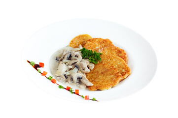 Vegetable potato pancakes with mushrooms and sauce isolated on white background