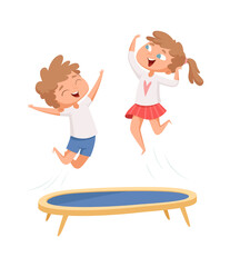 Trampoline jumping. Children sport games. Happy cartoon kids have fun. Isolated boy girl playing vector illustration. Girl and boy jump on trampoline