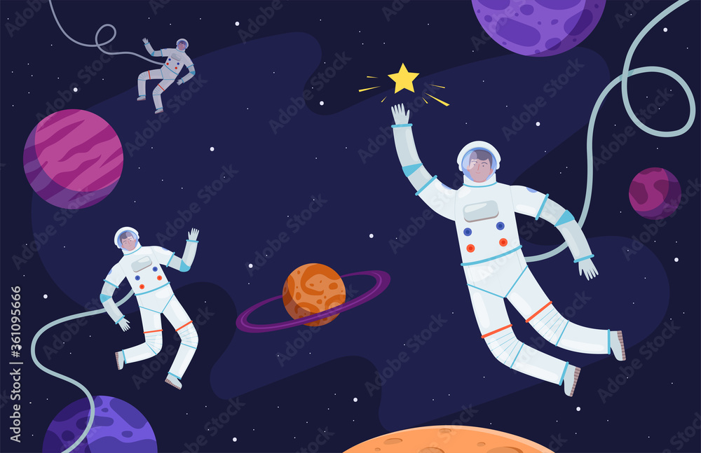 Wall mural space background. astronaut in suit working on asteroids or moon professional cosmonaut vector perso