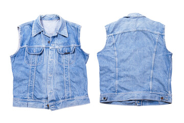 Denim vest set, set of denim vest, jeans vest front back view. Folded Vest isolated on white background copy space