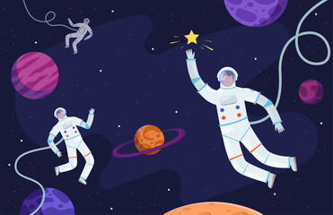Fototapeta premium Space background. Astronaut in suit working on asteroids or moon professional cosmonaut vector person. Astronaut and cosmonaut flying in universe illustration