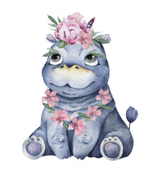 Hand drawn cute isolated tropical summer watercolor hippo animals. Cartoon animal illustrations, pink flowers and leaves, brazil trendy design.