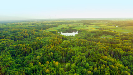 air scape from balloon, view of woods and lakes, bird eye view
