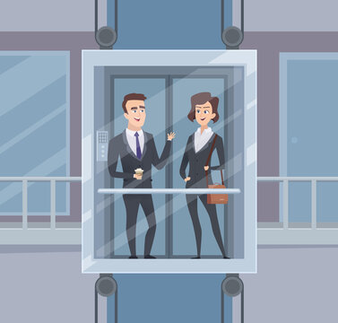 Elevator talk. Businessmen dialogue in elevator business conversation vector cartoon character. Businessman in lift conversation, people in elevator talk illustration