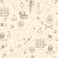 Pirate map seamless. Nautical vintage detailed adventure map with treasures and sea objects ships weapons creatures. Vector pattern. Sea adventure, pirate treasure in ocean island illustration