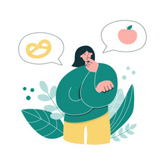 Woman thinking over Healthy Eating. Young girl choosing what to eat. Oversized woman considers eating baked product or an apple. Healthy diet concept. Modern flat character.
