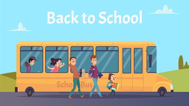 School bus. Students transportation, happy boya girls go to study vector illustration. Childhood and preschool bus going to school