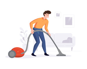Professional cleaner cleans the house with a vacuum cleaner. Cleaning service professional duties offer conceps. Vector illustration