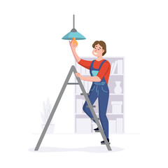 Man provides repair services in homes or offices. Cleaning service professional works on a ladder. Vector illustration