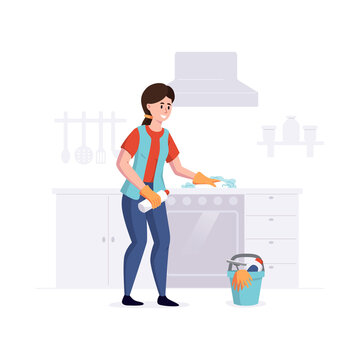 Woman from a cleaning service professional cleans cooking surface in the kitchen. Vector illustration