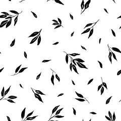 Leaves and branches vector seamless pattern. Black brush leaves and twigs. Olive branch modern ornament. Black ink brush texture with foliage. Hand drawn acacia, laurel twig. Abstract plant motif