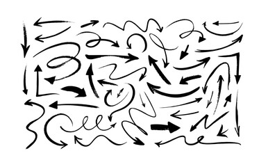 Black hand drawn arrows vector set. Grunge sketch arrows pointing in different directions. Hand drawn doodle elements isolated on white background. Pencil sketch symbols. Arrow icons, clip arts.