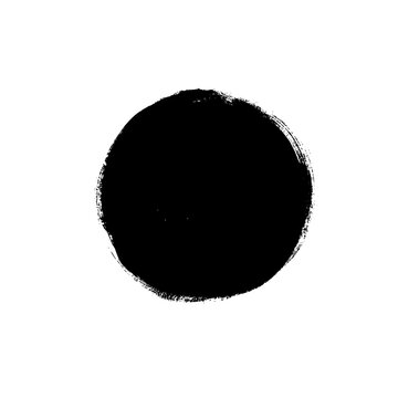 Black paint vector circle. Hand painted ink blob, round button, grunge dot. Hand drawn grunge circle isolated on white. Dry rough edges. Rounded black paint brushstroke. Grungy smear and rough stain.