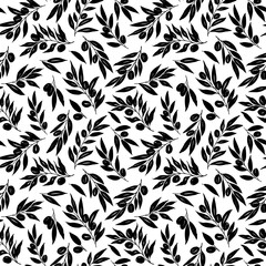 Olive leaves and branches vector seamless pattern. Black brush leaves and twigs. Olive branch modern ornament. Black ink texture with foliage. Hand drawn eucalyptus, laurel twig. Abstract plant motif