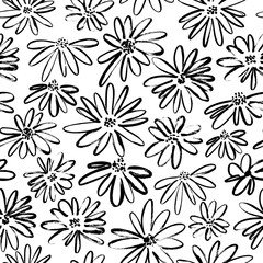 Brush flower vector seamless pattern. Hand drawn botanical ink illustration with floral motif. Camomile or daisy painted by brush. Hand drawn black print for fabric, wrapping paper, wallpaper design