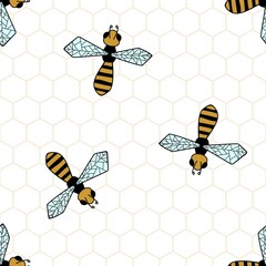 Vector Seamless Pattern With Bees And Honeycombs, Hand drawn. For Pattern, Wallpaper, Print On Fabric, Textile, Wrapping Paper, Ornament. Symbol of Jewish holiday Rosh Hashanah.