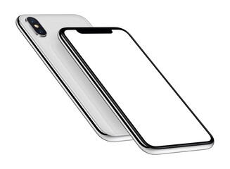 Fototapeta na wymiar Perspective smartphones mockup front and back side one above the other. New modern black frameless smartphones with blank white screen and back side. Isolated on white background.