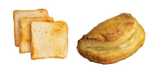 Breakfast toasts with butter, coffee with milk and oranges