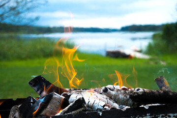 Burning firewood in barbecue grill on the lake background
