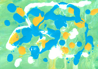 Abstract fluid art background. Color splashes on paper. Yellow, green, blue and white colors. Hand painted illustration. Creative beautiful print. Handmade original wallpaper