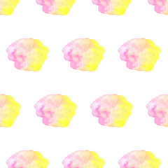 Seamless pattern with watercolor hand drawn blots. Yellow and pink colors on white. Simple creative print for clothes, web, greeting cards, gift wrap and design. Beautiful print for textile