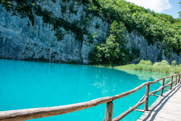 Picturesque morning in Plitvice National Park. Colorful spring scene of green forest with pure water lake. Great countryside view of Croatia, Europe